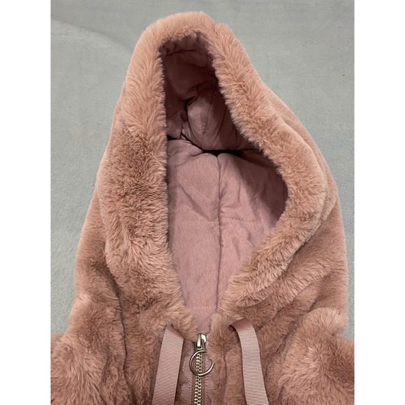 Athleta Faux Fur Hooded Bomber Jacket Dusty Rose Pink XXS Zip Up Cozy Warm - Picture 11 of 11